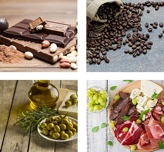 Produits d'épicerie fine : café, chocolat, charcuterie, olives et huile